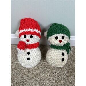 2 VTG Hand Crochet Snowman Christmas - Styrofoam & Yarn 1970s 8"